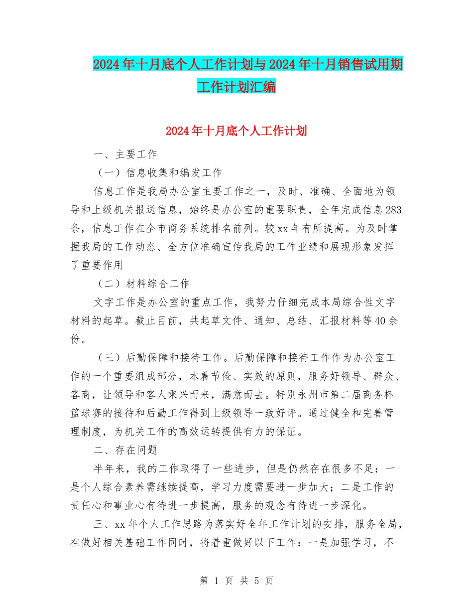 2024年十月底个人工作计划与2024年十月销售试用期工作计划汇编_第1页