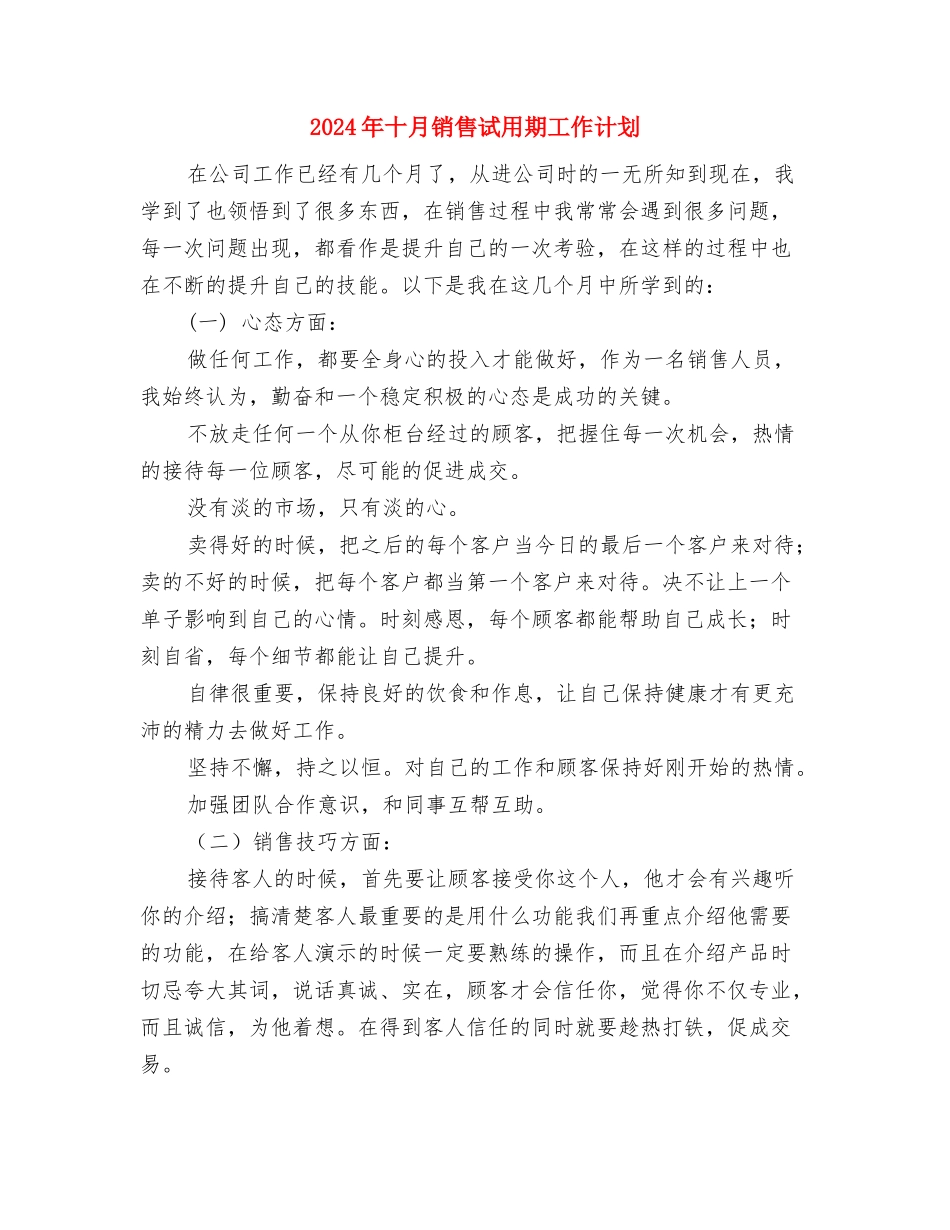 2024年十月底个人工作计划与2024年十月销售试用期工作计划汇编_第3页