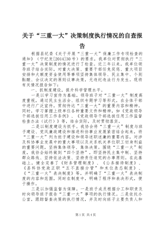 关于“三重一大”决策规章制度执行情况的自查报告 