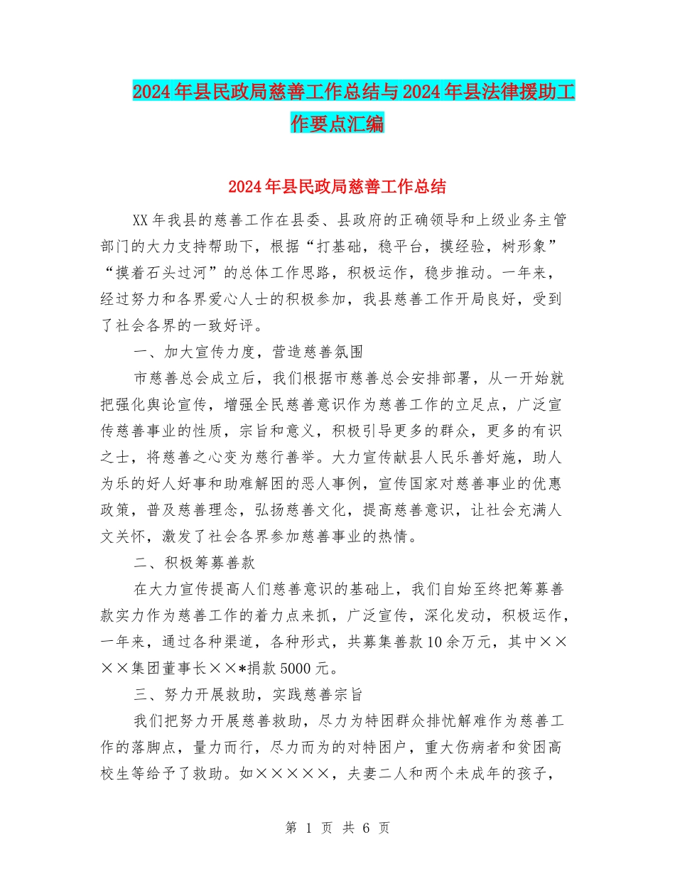 2024年县民政局慈善工作总结与2024年县法律援助工作要点汇编_第1页