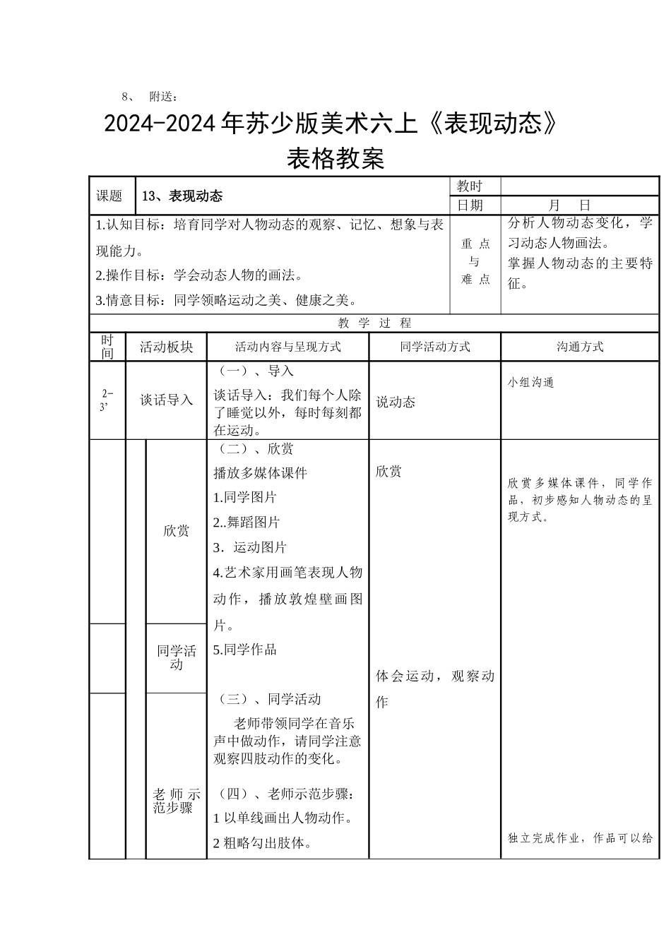 2024-2024年苏少版美术六上《表现动态》教学设计_第2页
