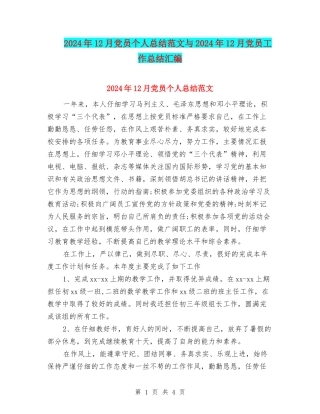2024年12月党员个人总结范文与2024年12月党员工作总结汇编