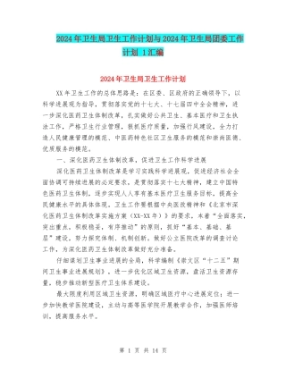 2024年卫生局卫生工作计划与2024年卫生局团委工作计划-1汇编