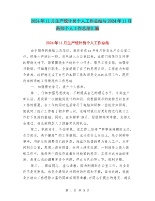 2024年11月生产统计员个人工作总结与2024年11月药师个人工作总结汇编