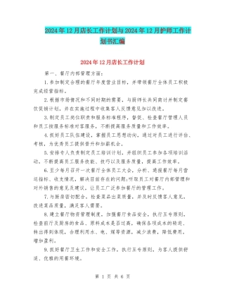 2024年12月店长工作计划与2024年12月护师工作计划书汇编