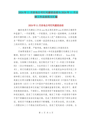 2024年11月农电公司行风建设总结与2024年11月出纳工作总结范文汇编