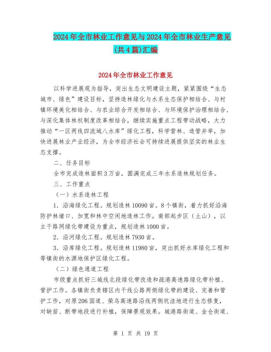 2024年全市林业工作意见与2024年全市林业生产意见汇编_第1页