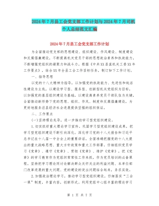 2024年7月县工会党支部工作计划与2024年7月司机个人总结范文汇编