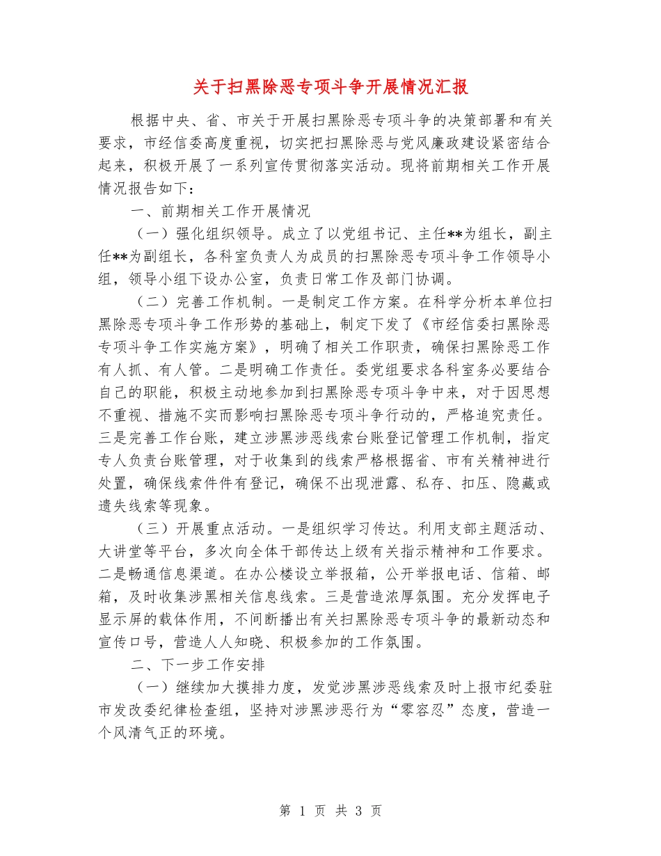 关于扫黑除恶专项斗争开展情况汇报_第1页