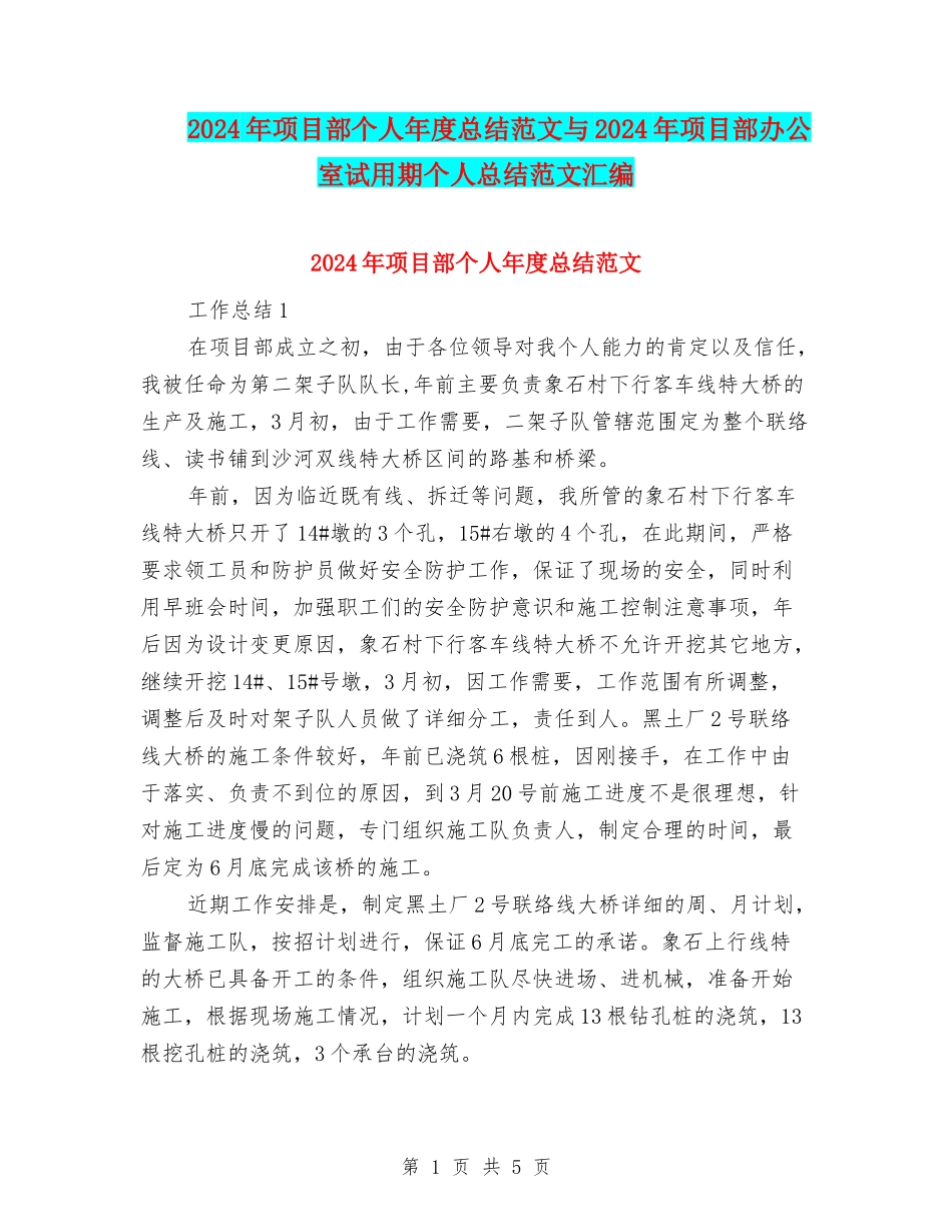 2024年项目部个人年度总结范文与2024年项目部办公室试用期个人总结范文汇编_第1页