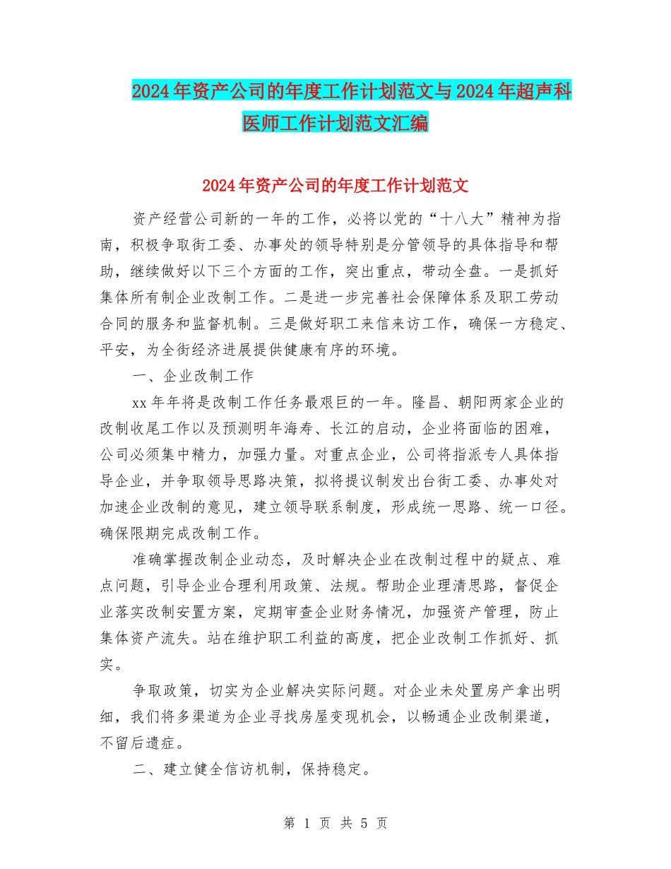 2024年资产公司的年度工作计划范文与2024年超声科医师工作计划范文汇编_第1页