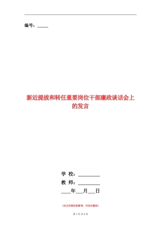 新近提拔和转任重要岗位干部廉政谈话会上的发言