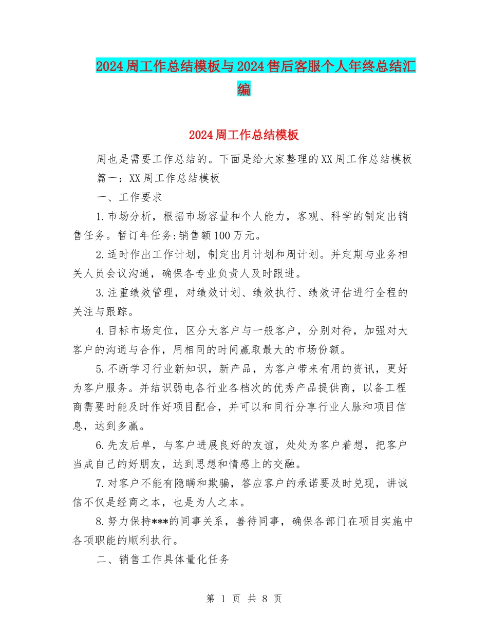 2024周工作总结模板与2024售后客服个人年终总结汇编_第1页