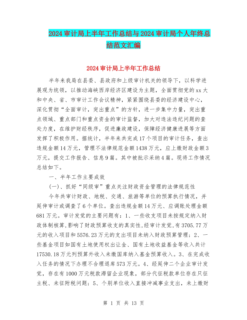 2024审计局上半年工作总结与2024审计局个人年终总结范文汇编_第1页