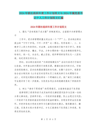 2024年联社组织年度工作计划范文与2024年镇党委书记个人工作计划范文汇编