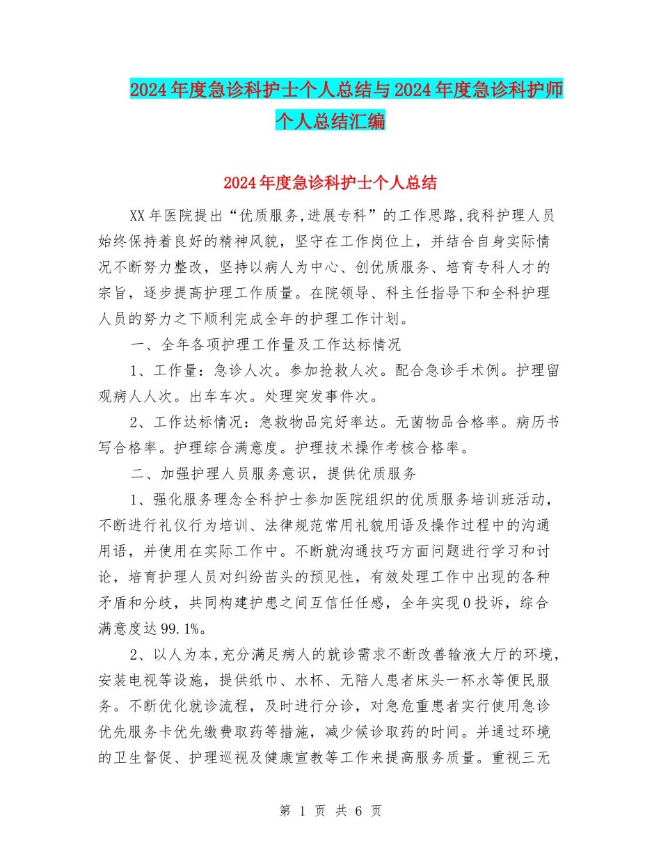 2024年度急诊科护士个人总结与2024年度急诊科护师个人总结汇编_第1页