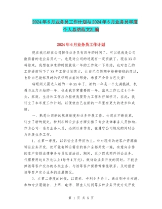 2024年6月业务员工作计划与2024年6月业务员年度个人总结范文汇编