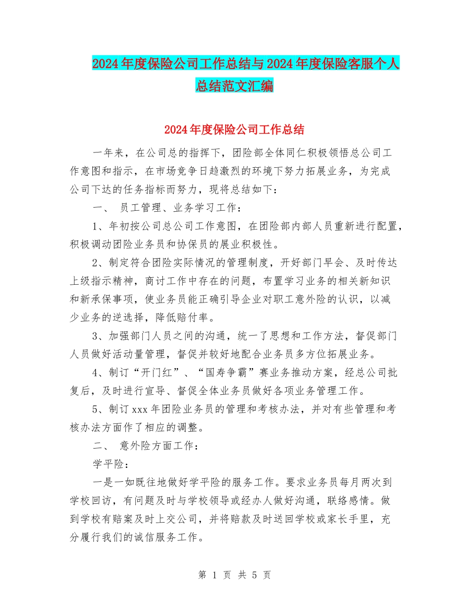2024年度保险公司工作总结与2024年度保险客服个人总结范文汇编_第1页
