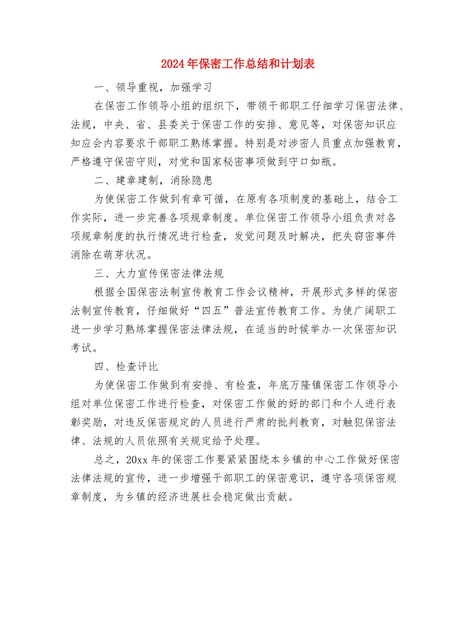 2024年保密工作年度计划与2024年保密工作总结和计划表汇编_第2页