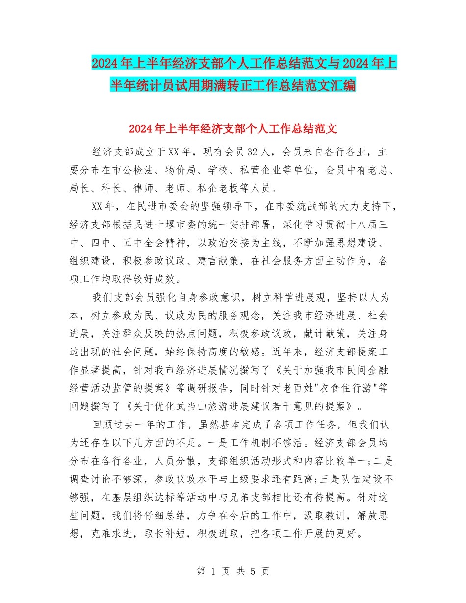 2024年上半年经济支部个人工作总结范文与2024年上半年统计员试用期满转正工作总结范文汇编_第1页