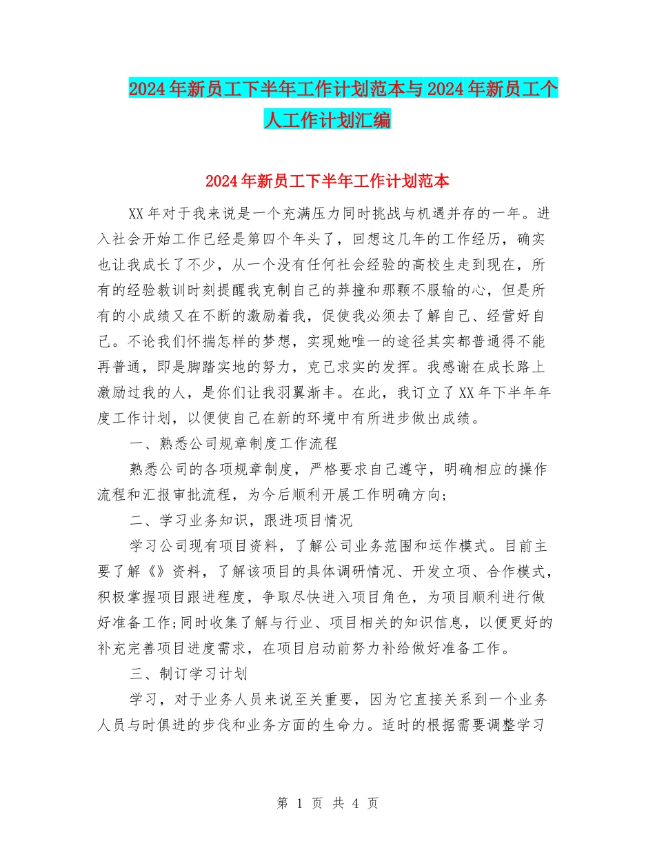 2024年新员工下半年工作计划范本与2024年新员工个人工作计划汇编_第1页