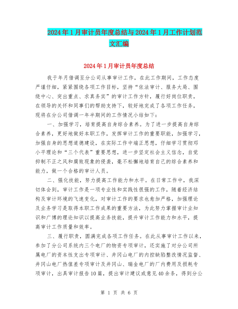 2024年1月审计员年度总结与2024年1月工作计划范文汇编_第1页