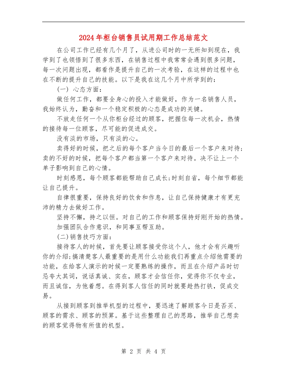 2024年柜台销售员试用期工作总结范文_第2页
