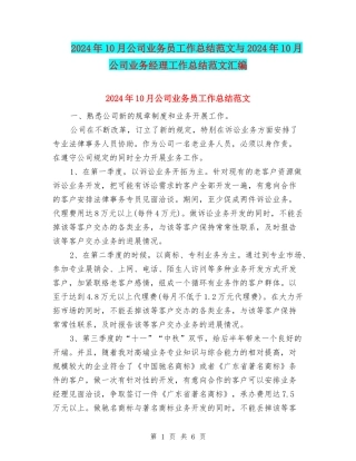 2024年10月公司业务员工作总结范文与2024年10月公司业务经理工作总结范文汇编