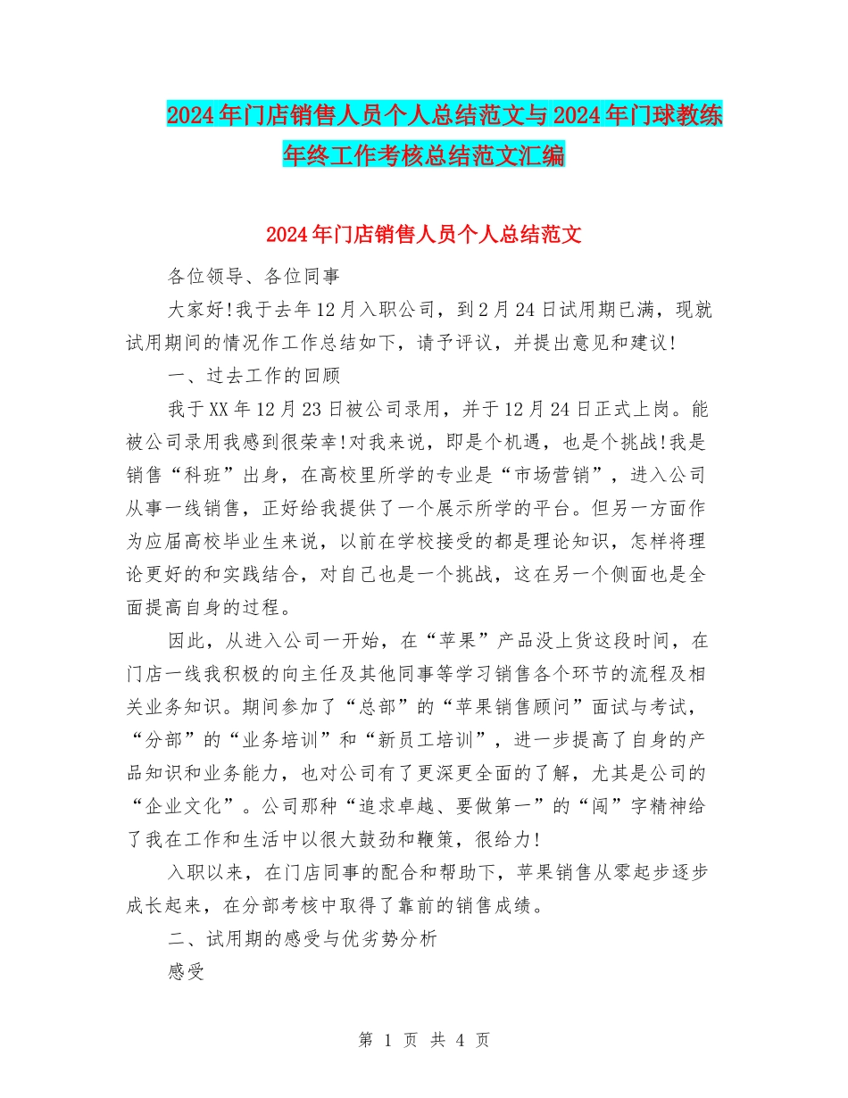 2024年门店销售人员个人总结范文与2024年门球教练年终工作考核总结范文汇编_第1页