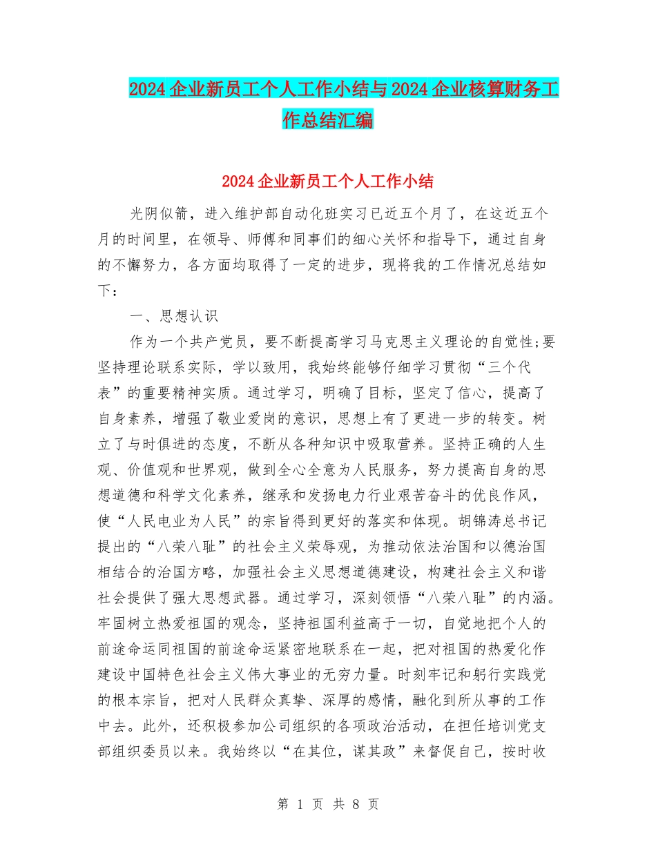 2024企业新员工个人工作小结与2024企业核算财务工作总结汇编_第1页