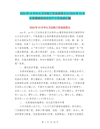 2024年10月中心卫生院工作总结范文与2024年10月乡党委政府安全生产工作总结汇编
