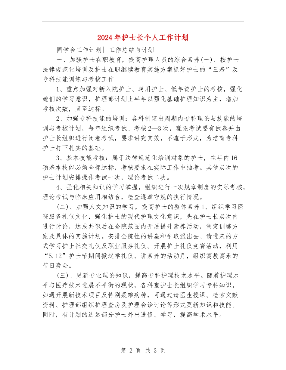 2024年护士长个人工作计划2_第2页
