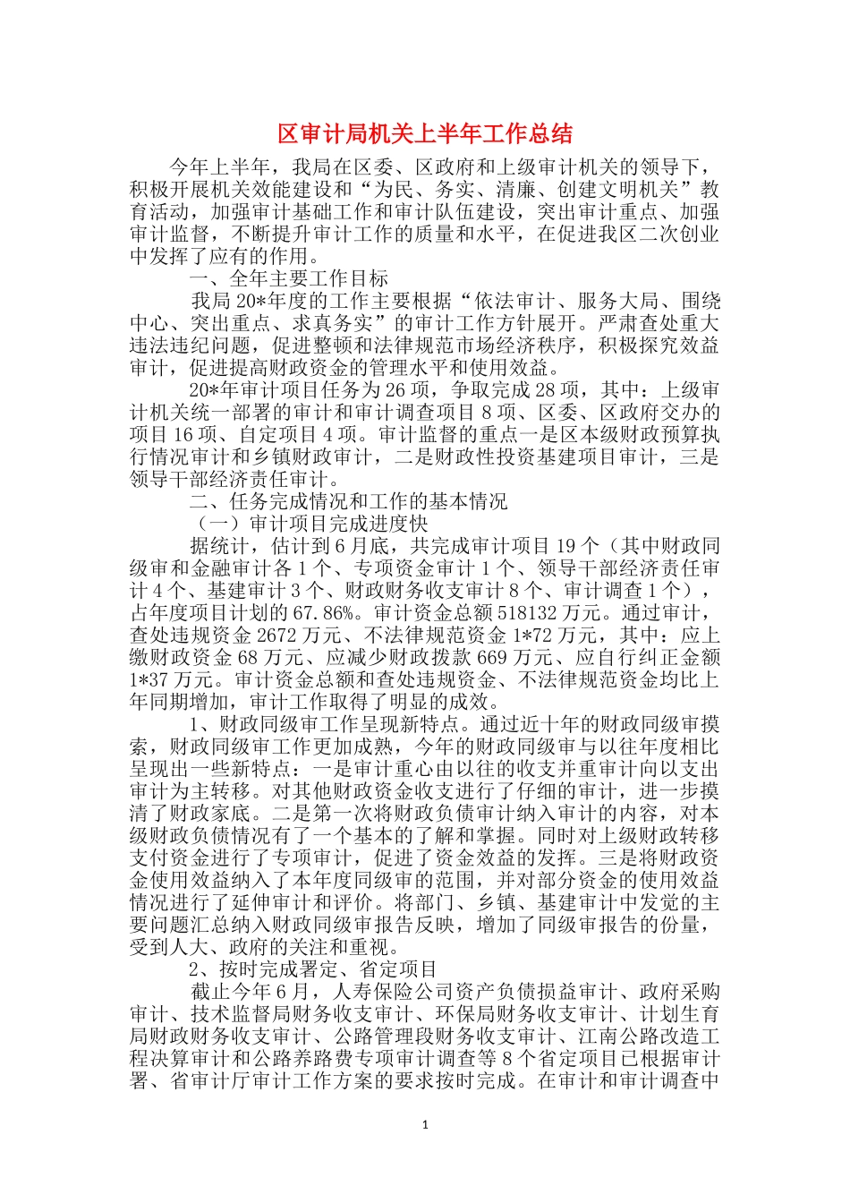 区审计局机关上半年工作总结_第1页