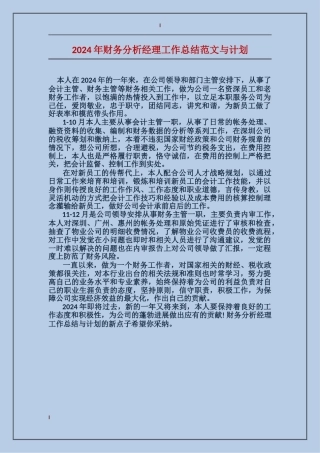 2017年财务分析经理工作总结范文与计划