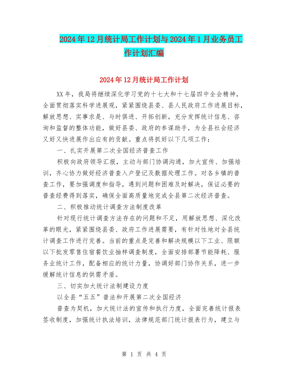 2024年12月统计局工作计划与2024年1月业务员工作计划汇编_第1页