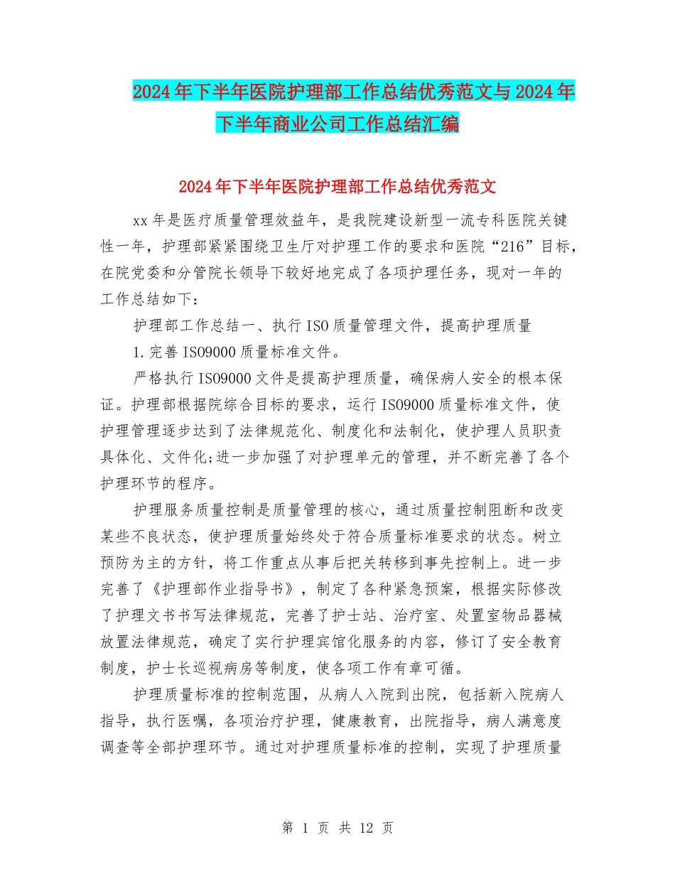 2024年下半年医院护理部工作总结优秀范文与2024年下半年商业公司工作总结汇编_第1页