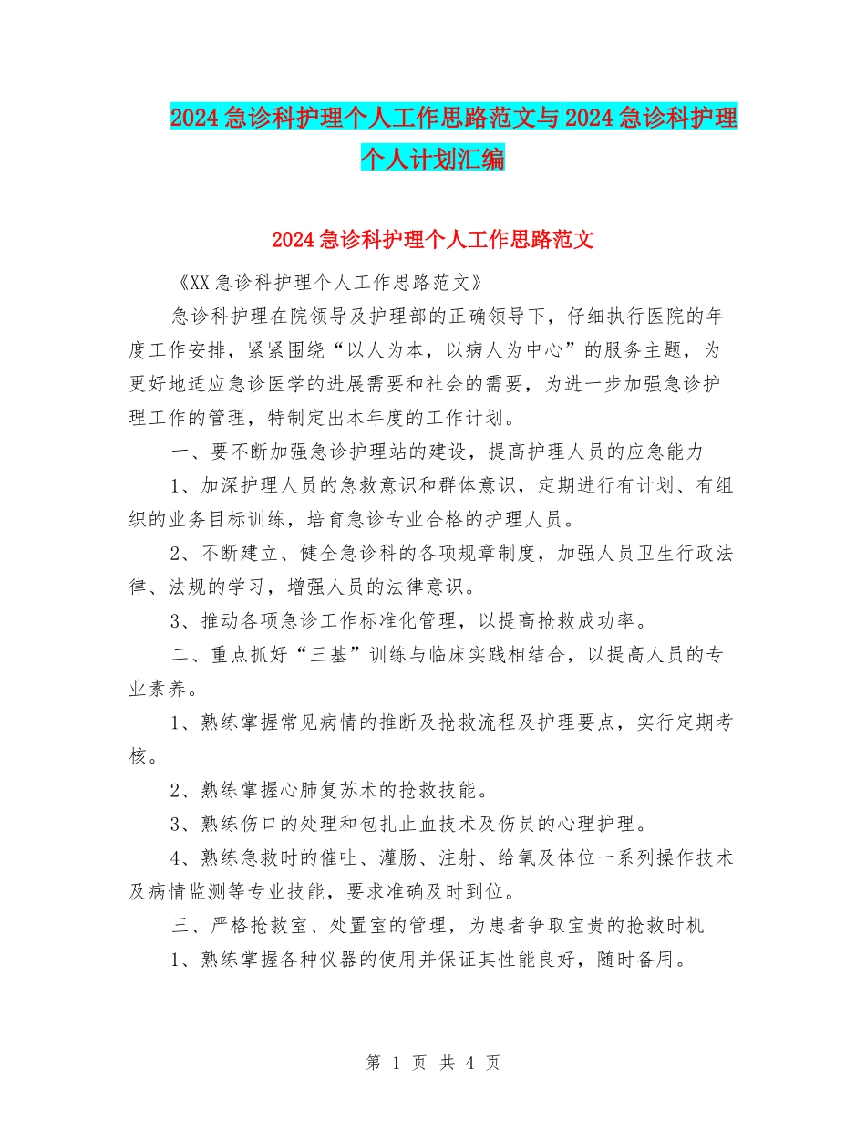 2024急诊科护理个人工作思路范文与2024急诊科护理个人计划汇编_第1页