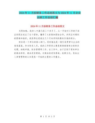 2024年11月份财务工作总结范文与2024年11月企业出纳工作总结汇编
