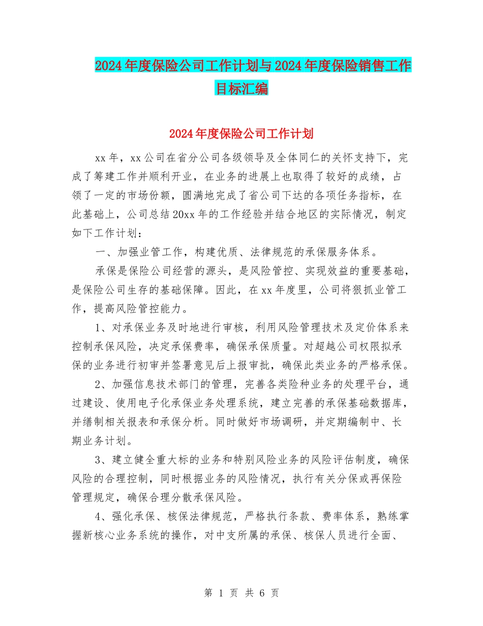 2024年度保险公司工作计划与2024年度保险销售工作目标汇编_第1页