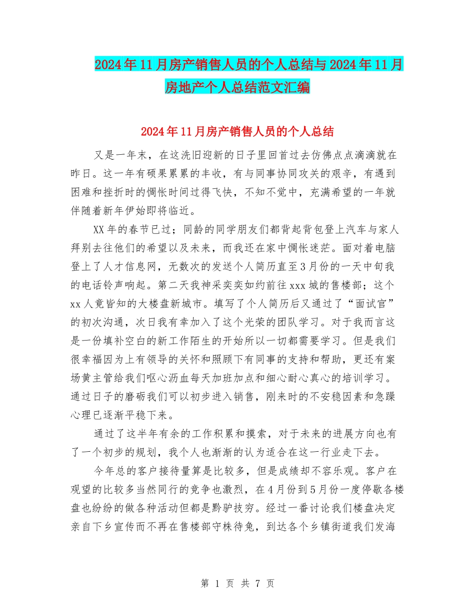 2024年11月房产销售人员的个人总结与2024年11月房地产个人总结范文汇编_第1页