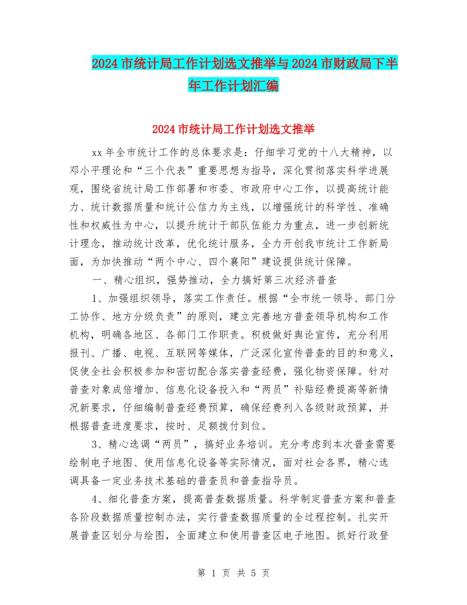 2024市统计局工作计划选文推荐与2024市财政局下半年工作计划汇编_第1页