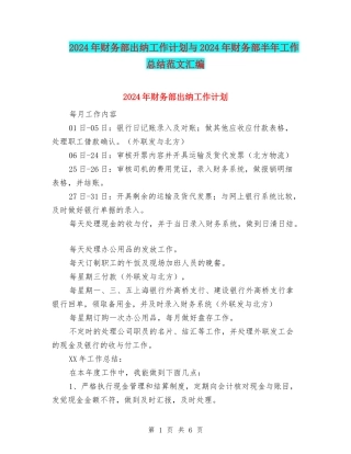 2024年财务部出纳工作计划与2024年财务部半年工作总结范文汇编
