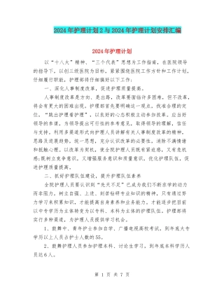 2024年护理计划2与2024年护理计划安排汇编