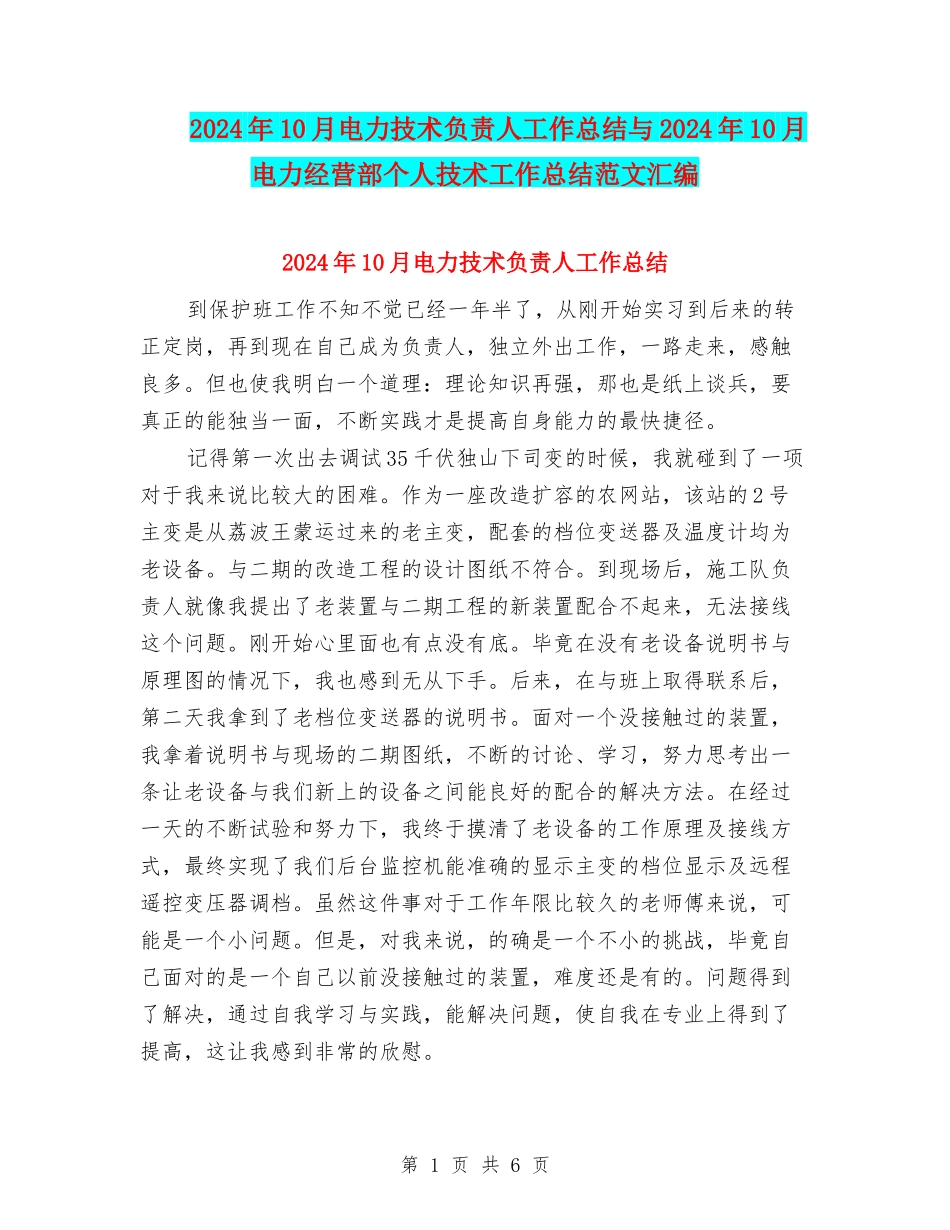 2024年10月电力技术负责人工作总结与2024年10月电力经营部个人技术工作总结范文汇编_第1页