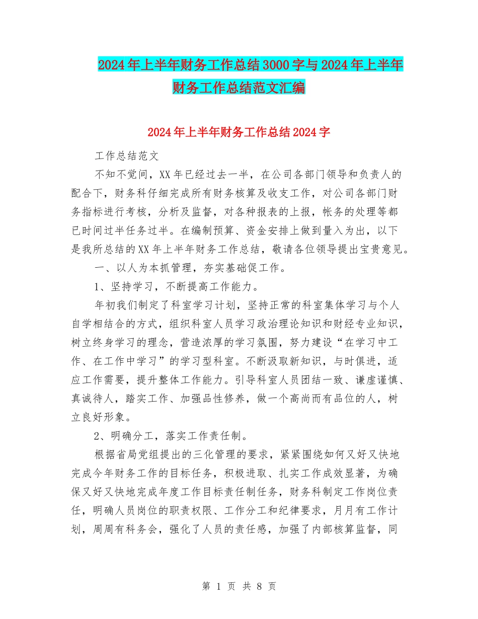 2024年上半年财务工作总结3000字与2024年上半年财务工作总结范文汇编_第1页