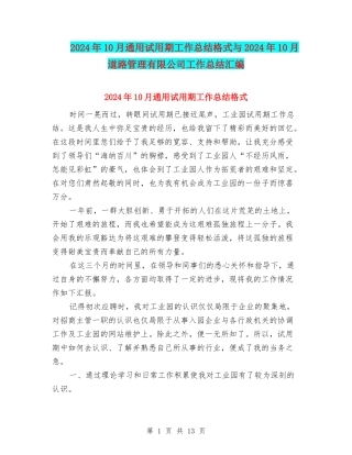 2024年10月通用试用期工作总结格式与2024年10月道路管理有限公司工作总结汇编