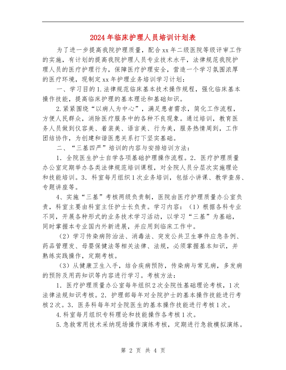 2024年临床护理人员培训计划表_第2页