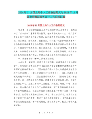 2024年11月国土局个人工作总结范文与2024年11月国土资源局政务公开工作总结汇编