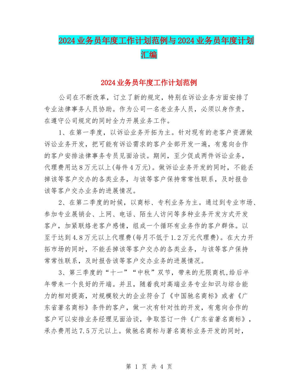 2024业务员年度工作计划范例与2024业务员年度计划汇编_第1页