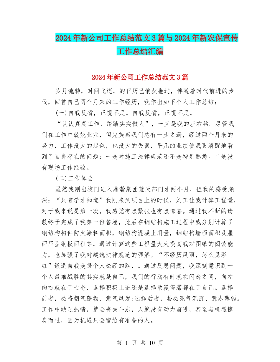 2024年新公司工作总结范文3篇与2024年新农保宣传工作总结汇编_第1页